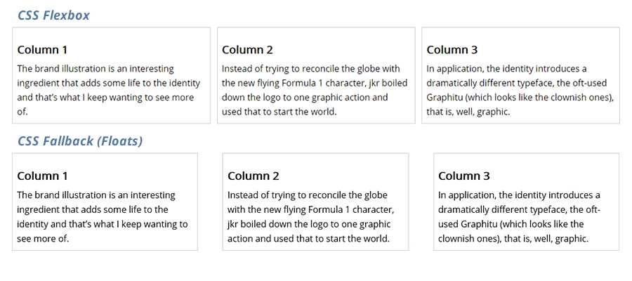 Comparison: CSS Flexbox layout (top) and CSS float fallback (bottom).