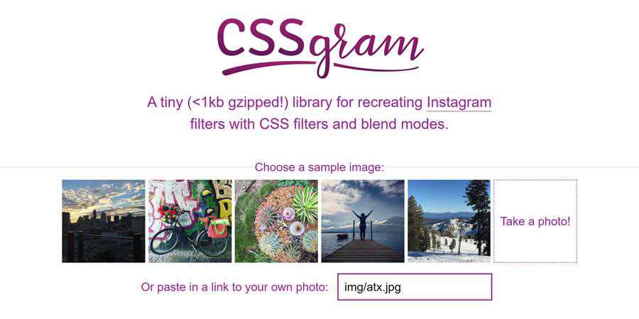 CSSGram library CSS CSS3 image filter toolbox