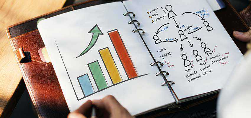 Business charts in a notebook.