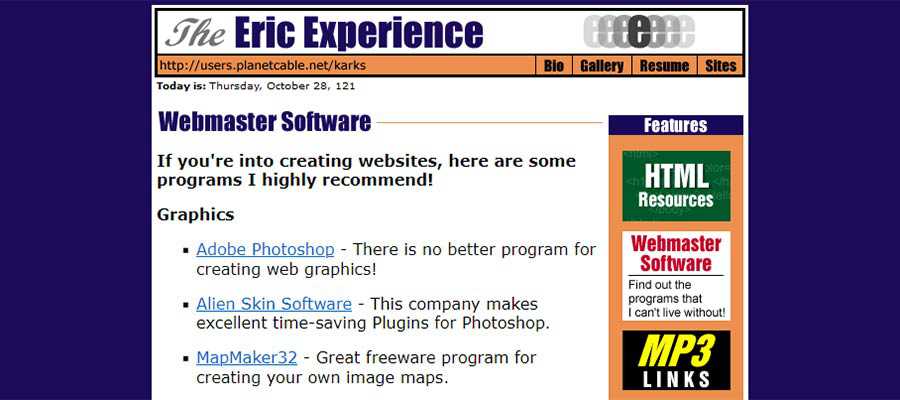 A screen capture of the author's personal website, circa 1999.