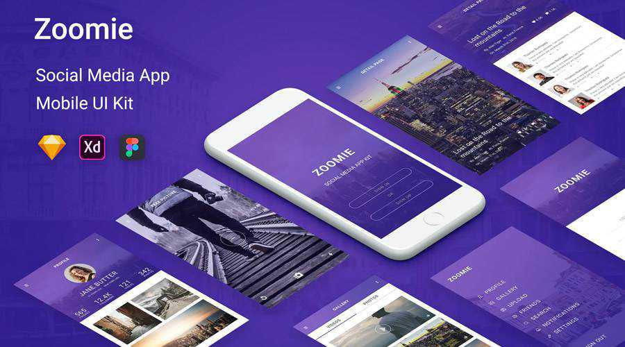 Zoomie Social Media free mobile app ui kit Figma Sketch Adobe XD ios android