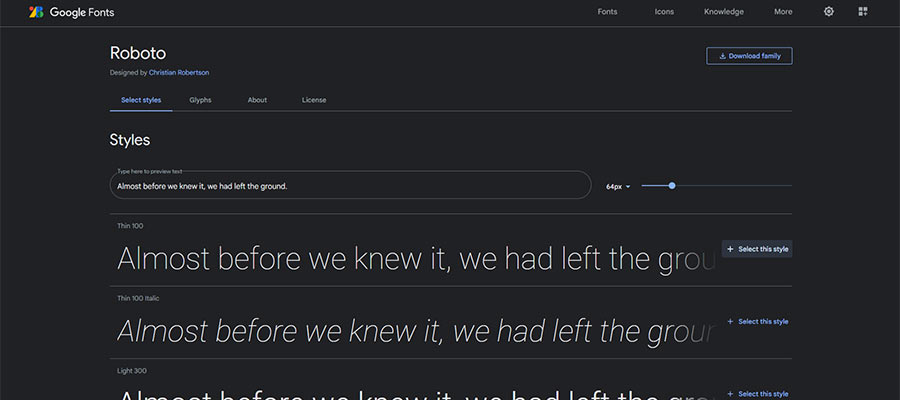 The Roboto font family on Google Fonts.