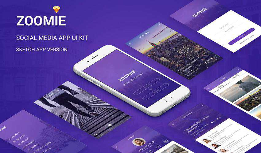 Zoomie Social Media sketch mobile app ui kit sketch ux format free design creative sketch.app