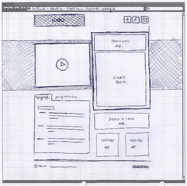 sketch are the visual cues such as the play button with the triangle and circle Hand-drawn Wireframe Sketches