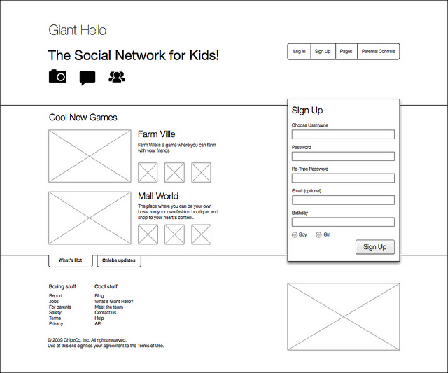 homepage wireframe sketch of a social network digital