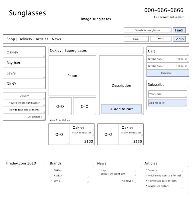  digital Wireframe Color is effectively used in this e-commerce sketch