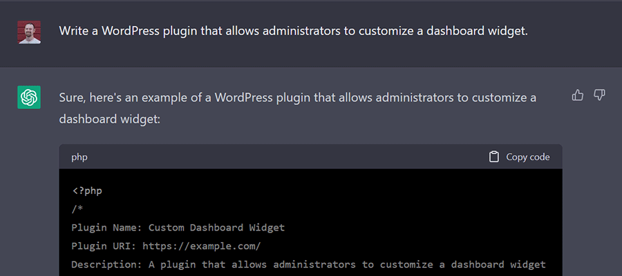 ChatGPT begins writing a WordPress plugin on command.